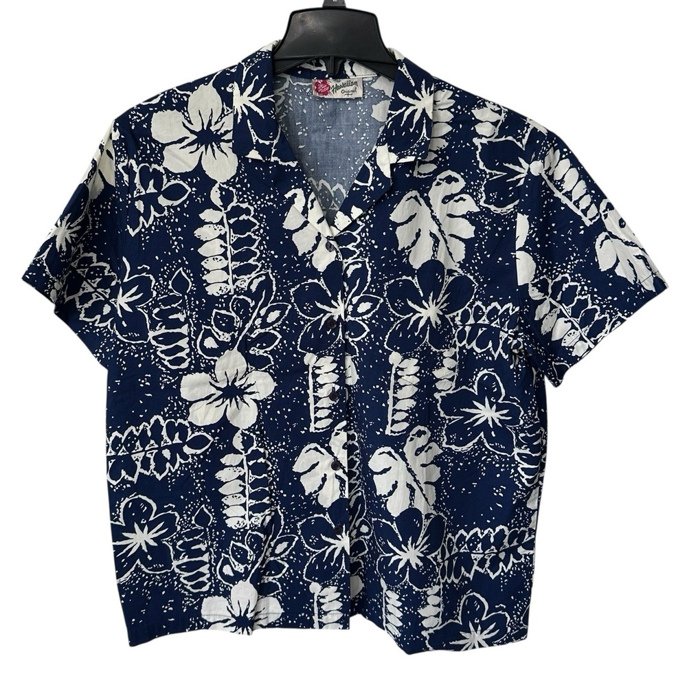 Vintage Hilo Hattie Hawaiian Shirt Mens Large Blue Floral Made in Hawaii